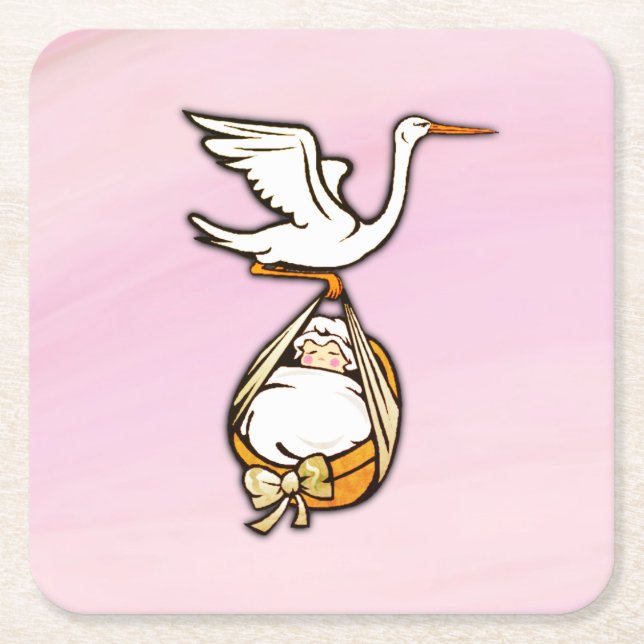 Stork Carries a Flicka Underlägg Papper Kvadrat (Framsidan)
