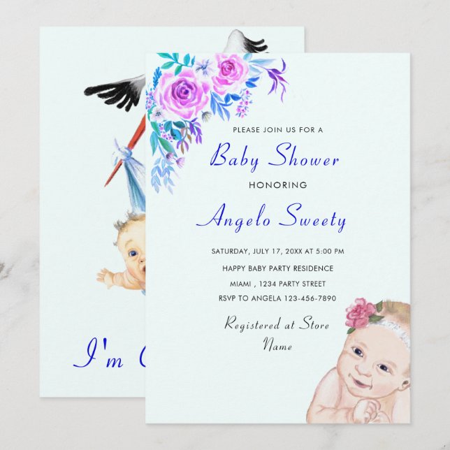 Stork Carshing Baby Funny Shower-inbjudan (Fram/baksida)