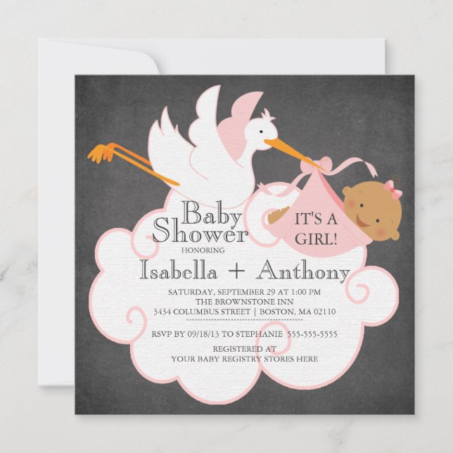 Stork Chalkboard African American Baby Shower Inbjudningar (Framsida)
