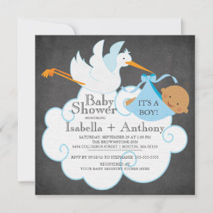 Stork Chalkboard African American Boy Baby Shower Inbjudningar