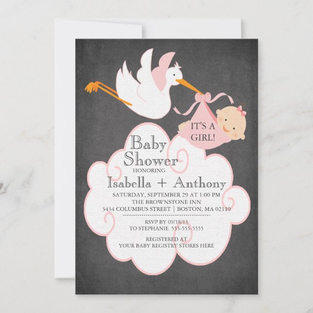 Stork Chalkboard GIRL Baby Shower-inbjudan Inbjudningar (Framsida)