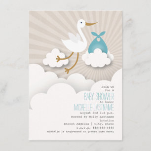 Stork + Clouds Baby Shower - blått Inbjudningar
