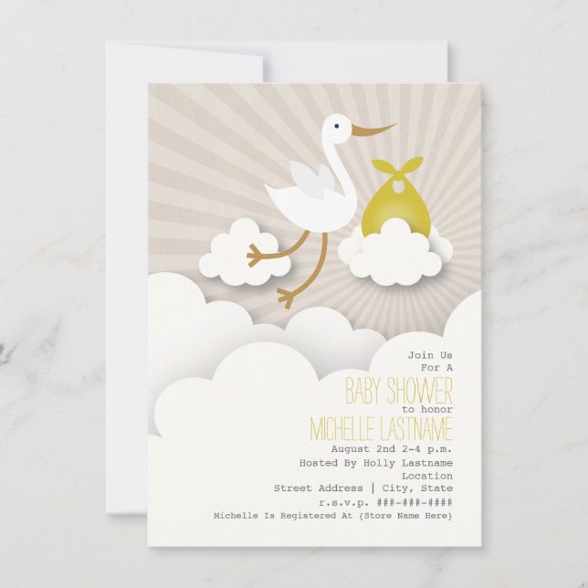 Stork + Clouds Baby Shower - Gult Inbjudningar (Framsida)