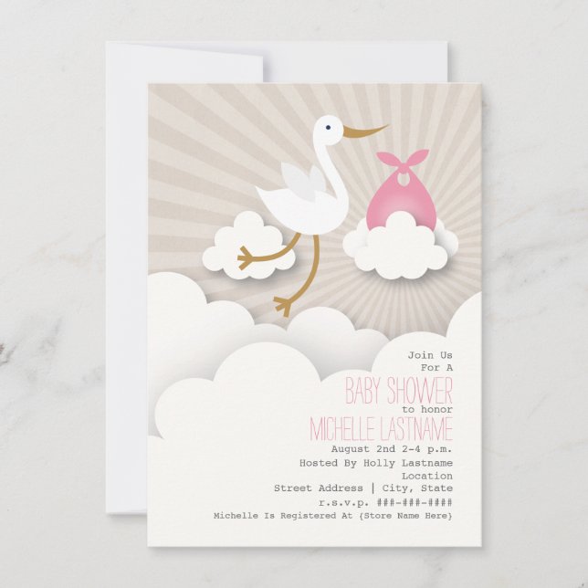 Stork + Clouds Baby Shower - Rosa Inbjudningar (Framsida)