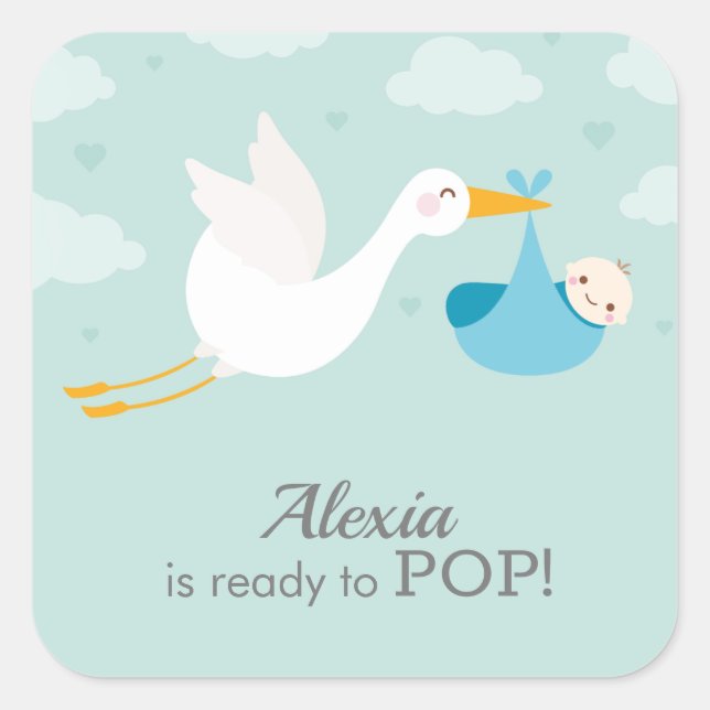 Stork Clouds Blue Boy Bundle Baby Shower Fyrkantigt Klistermärke (Framsida)