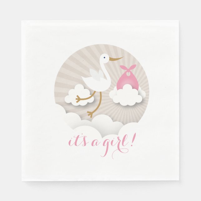 Stork + Clouds Girl Baby Shower Napkins Pappersservett (Framsidan)