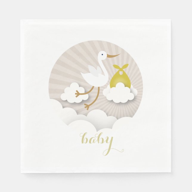Stork + Clouds Neutralt Baby Shower Napkins Pappersservett (Framsidan)