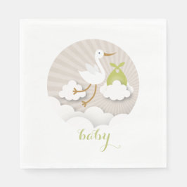 Stork + Clouds Neutralt Grönt Baby Shower Napkins Pappersservett