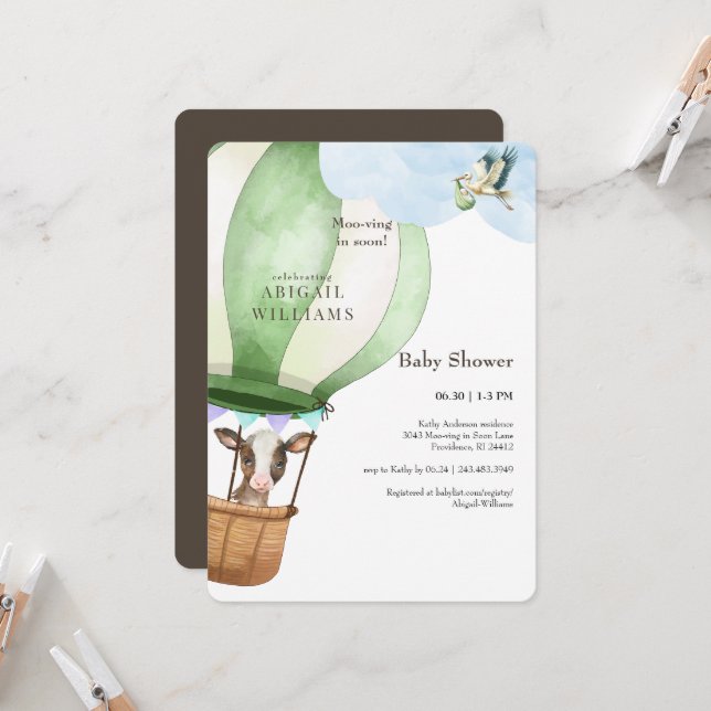 Stork & Cow Moo-ving in Soon Brown Baby Shower Inbjudningar (Fram/Back In Situ)