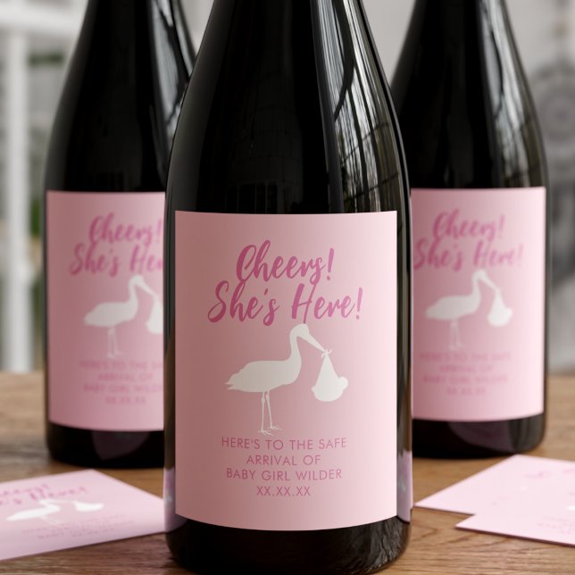 Stork Delivery Cheers Flicka Vin etiketter (Cheers! She's Here! Celebrate your little princess with these wine labels. Just add your text)