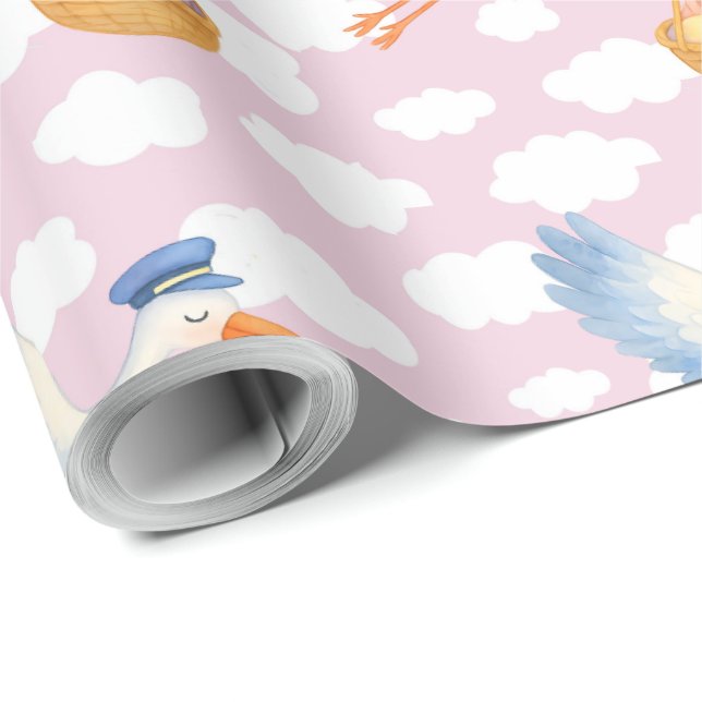 Stork Delivery Flicka Wrapping Papper Cute Rosa Presentpapper (Rulle Hörn)