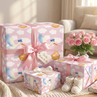 Stork Delivery Flicka Wrapping Papper Cute Rosa Presentpapper