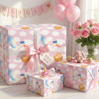 Stork Delivery Flicka Wrapping Papper Cute Rosa Presentpapper