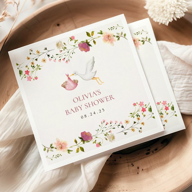 Stork Delivery Pink Floral Garden Girl Baby Shower Pappersservett (Skapare uppladdad)