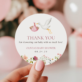 Stork Delivery Pink Floral Girl Baby Shower Favor Runt Klistermärke
