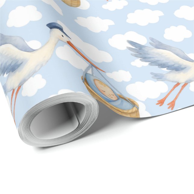 Stork Delivery Pojke Wrapping Papper - Cute Blue Presentpapper (Rullad Hörn)