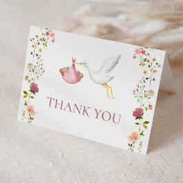Stork Delivery Rosa Blommigt Garden Girl Baby Show Tack Kort