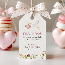 Stork Delivery Rosa Blommigt Girl Baby Shower Favo Presentetikett