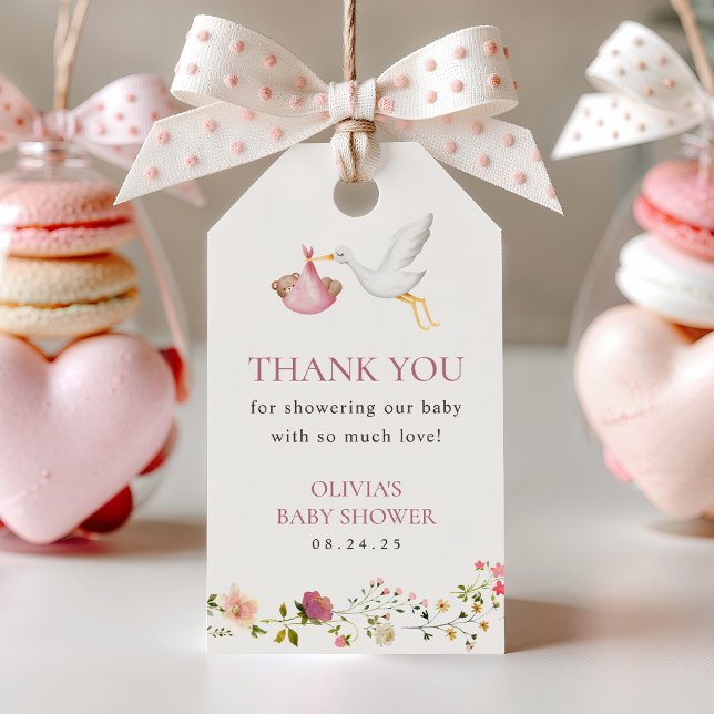 Stork Delivery Rosa Blommigt Girl Baby Shower Favo Presentetikett (Skapare uppladdad)
