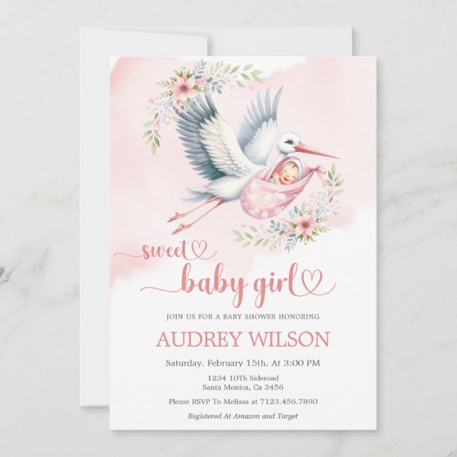 Stork Delivery Sweet Flicka Inbjudningar (Framsida)