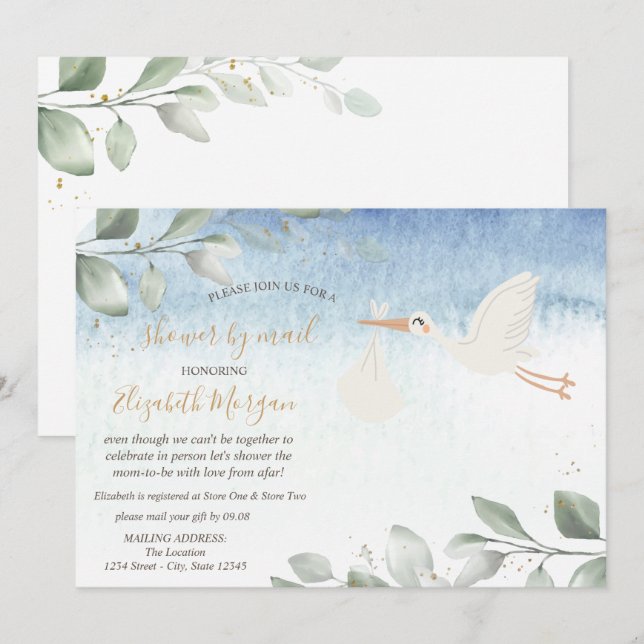 Stork Delivery Virtuell Baby Shower Per Post Inbjudningar (Fram/baksida)