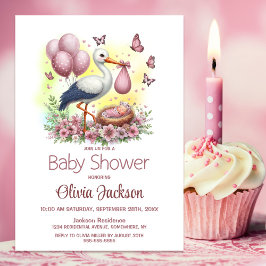 Stork Flicka Baby Shower Inbjudningar
