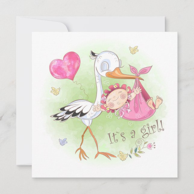*~* Stork Flicka Heart Flowers Baby Shower Inbjudningar (Framsida)