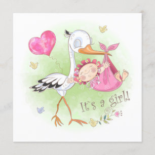 *~* Stork Flicka Heart Flowers Baby Shower Inbjudningar