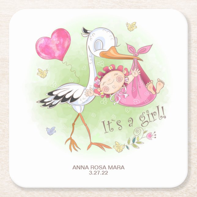 *~* Stork Flicka Heart Flowers Baby Shower Underlägg Papper Kvadrat (Framsidan)