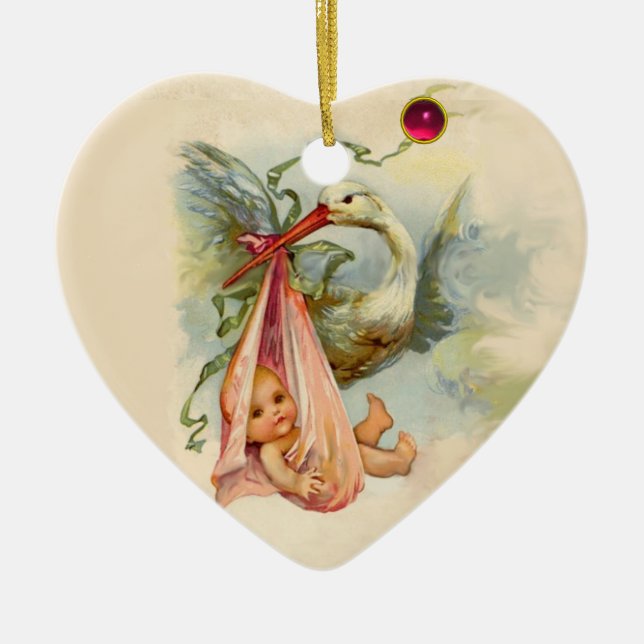 STORK FLICKA SHOWER 2 HEART MONOGRAM RED RUBY JULGRANSPRYDNAD KERAMIK (Framsidan)