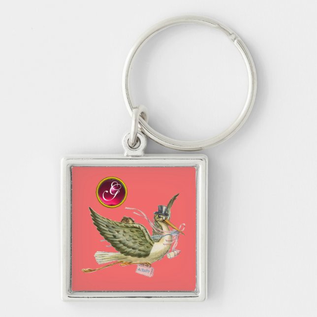 STORK FLICKA SHOWER GEM MONOGRAM FYRKANTIG SILVERFÄRGAD NYCKELRING (Framsidan)