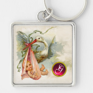 STORK FLICKA SHOWER GEM MONOGRAM FYRKANTIG SILVERFÄRGAD NYCKELRING