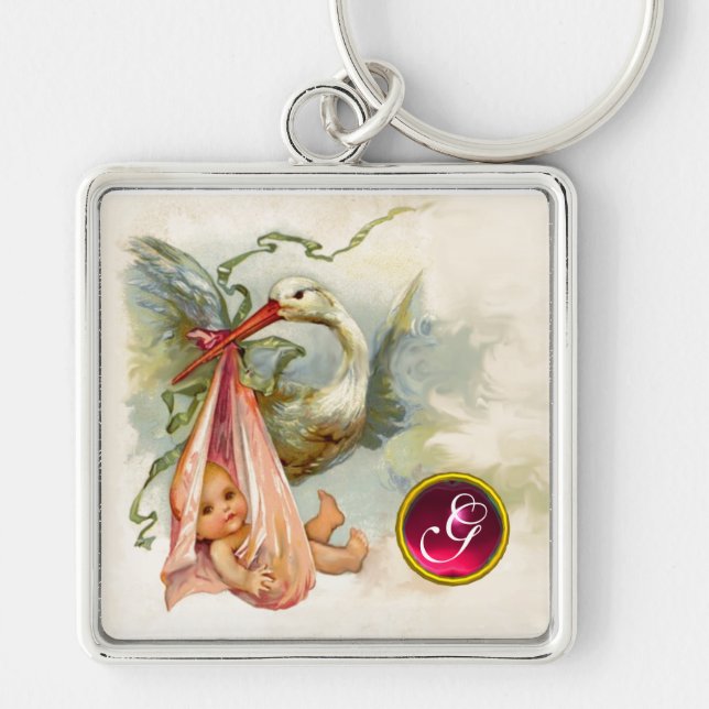 STORK FLICKA SHOWER GEM MONOGRAM FYRKANTIG SILVERFÄRGAD NYCKELRING (Framsidan)
