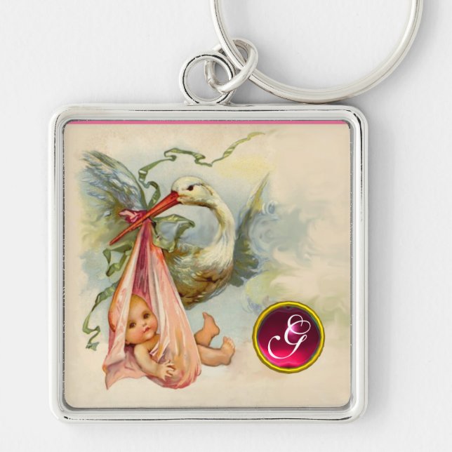 STORK FLICKA SHOWER GEM MONOGRAM FYRKANTIG SILVERFÄRGAD NYCKELRING (Framsidan)