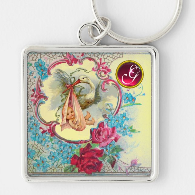 STORK FLICKA SHOWER GEM MONOGRAM FYRKANTIG SILVERFÄRGAD NYCKELRING (Framsidan)