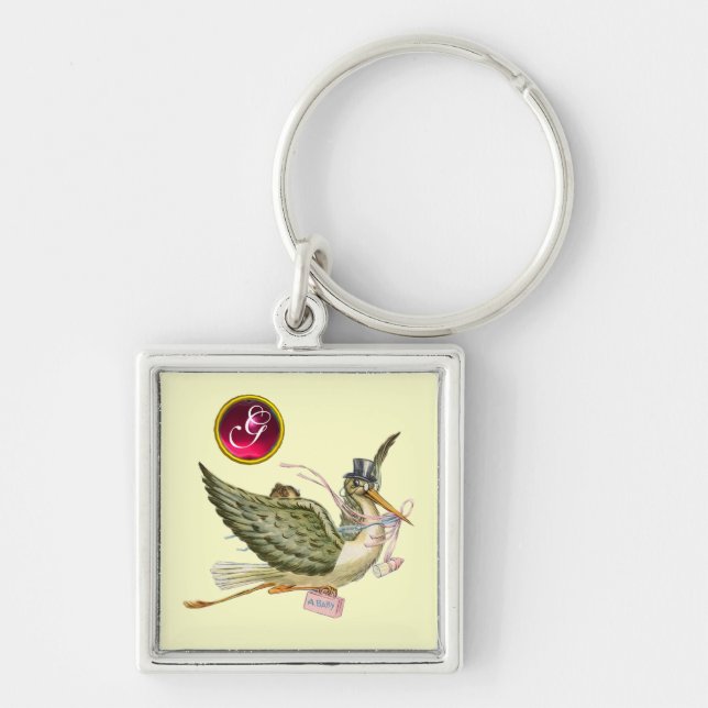 STORK FLICKA SHOWER GEM MONOGRAM FYRKANTIG SILVERFÄRGAD NYCKELRING (Framsidan)