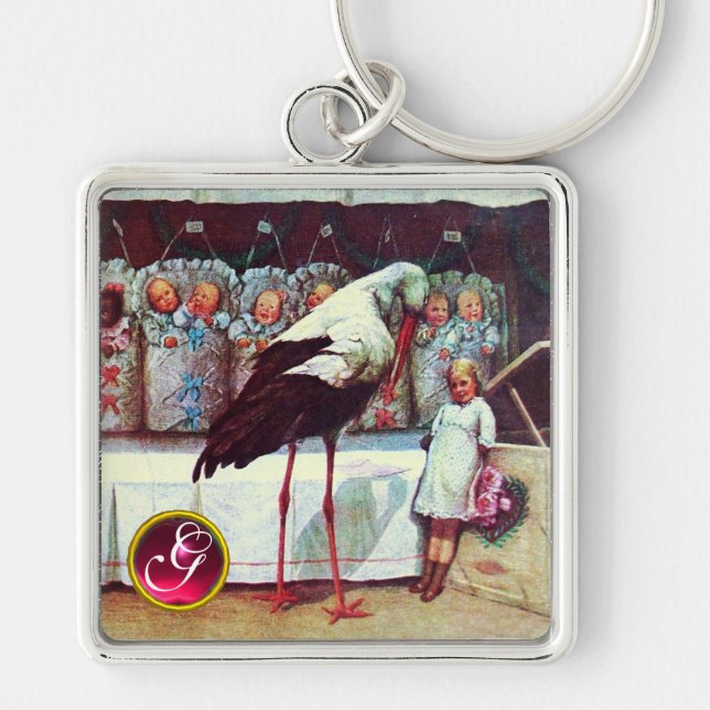 STORK FLICKA SHOWER GEM MONOGRAM FYRKANTIG SILVERFÄRGAD NYCKELRING (Framsidan)
