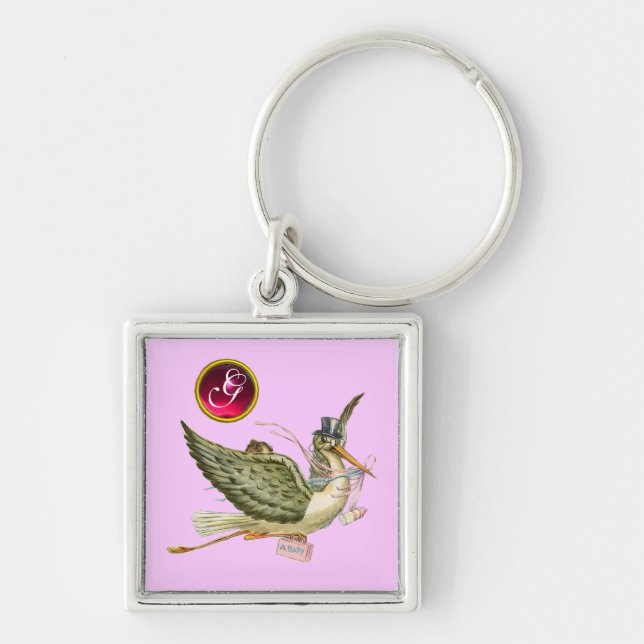 STORK FLICKA SHOWER GEM MONOGRAM FYRKANTIG SILVERFÄRGAD NYCKELRING (Framsidan)