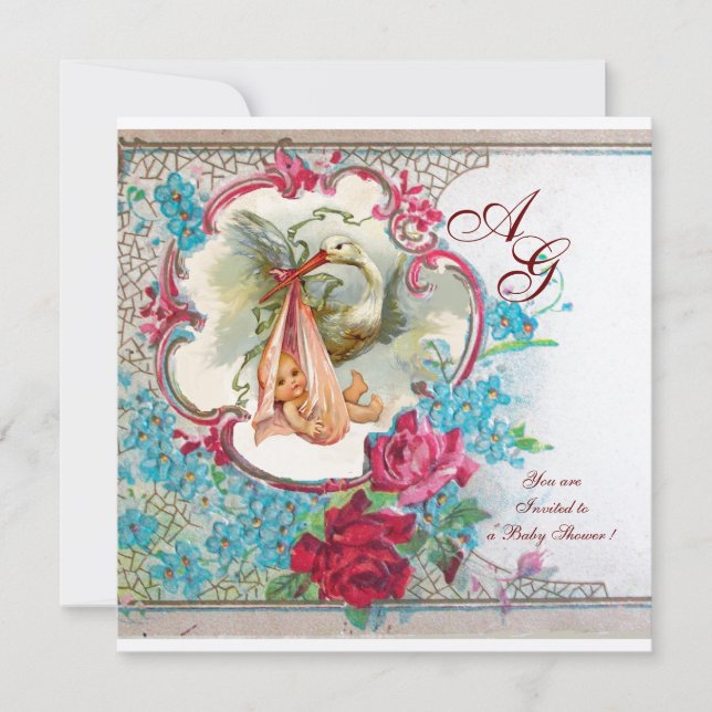 STORK FLICKA SHOWER MED ROSA ROS MONOGRAM INBJUDNINGAR (Framsida)