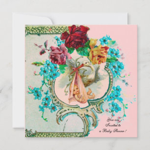 STORK FLICKA SHOWER MED ROSA ROS OCH BLOMMOR MEDDELANDE