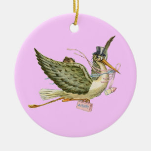 STORK FLICKA SHOWER MONOGRAM Red Ruby Julgransprydnad Keramik