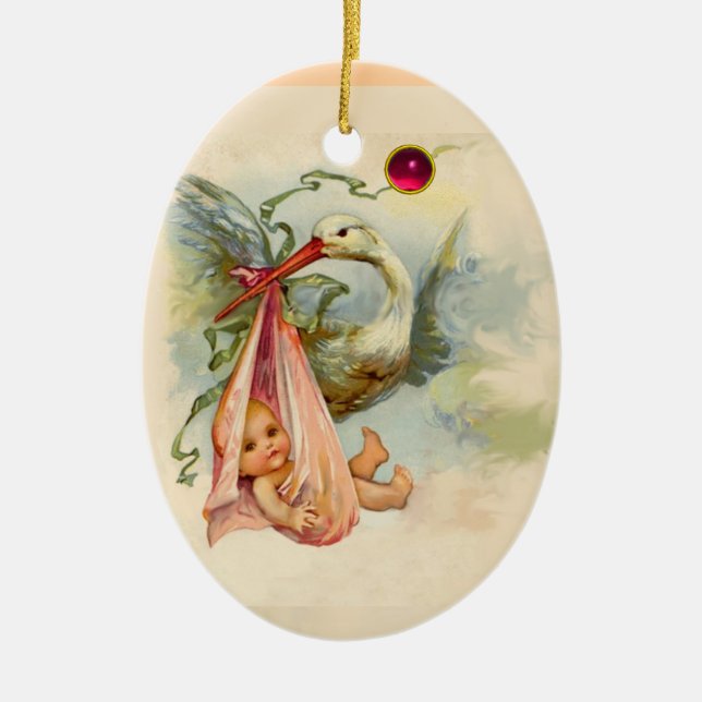 STORK FLICKA SHOWER MONOGRAM RED RUBY JULGRANSPRYDNAD KERAMIK (Framsidan)