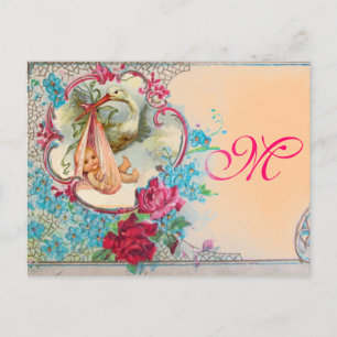 STORK FLICKA SHOWER ROSA BLUE BLOMMIGT MONOGRAM INBJUDAN VYKORT