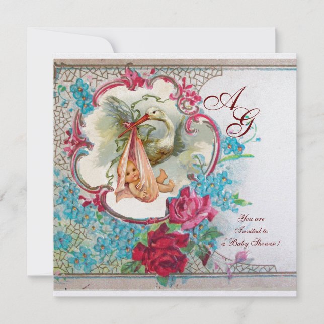 STORK FLICKA SHOWER ROSA BLUE BLOMMIGT MONOGRAM INBJUDNINGAR (Framsida)
