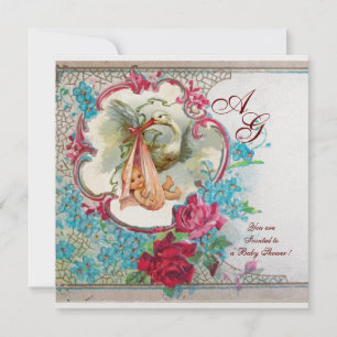 STORK FLICKA SHOWER ROSA BLUE BLOMMIGT MONOGRAM INBJUDNINGAR