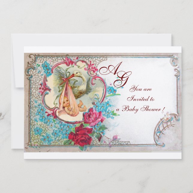 STORK FLICKA SHOWER ROSA BLUE BLOMMIGT MONOGRAM INBJUDNINGAR (Framsida)