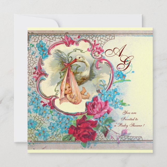 STORK FLICKA SHOWER ROSA BLUE BLOMMIGT MONOGRAM INBJUDNINGAR (Framsida)