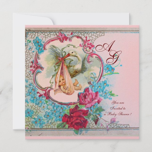 STORK FLICKA SHOWER ROSA BLUE BLOMMIGT MONOGRAM INBJUDNINGAR (Framsida)