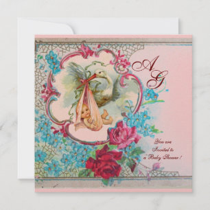 STORK FLICKA SHOWER ROSA BLUE BLOMMIGT MONOGRAM INBJUDNINGAR