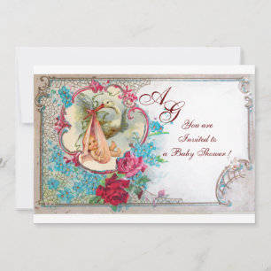 STORK FLICKA SHOWER ROSA BLUE BLOMMIGT MONOGRAM INBJUDNINGAR